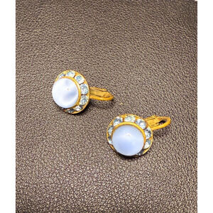 Vintage Pale Blue Cabochon and Rhinestone Gold Tone Clip On Earrings MCM